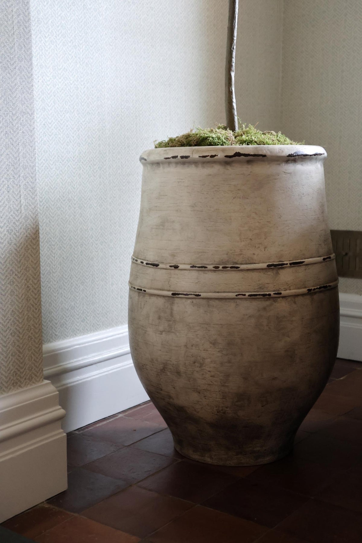 bucklesham ultra-lite planter topped with moss and a brown trunk in the corner of a home on tiles surface