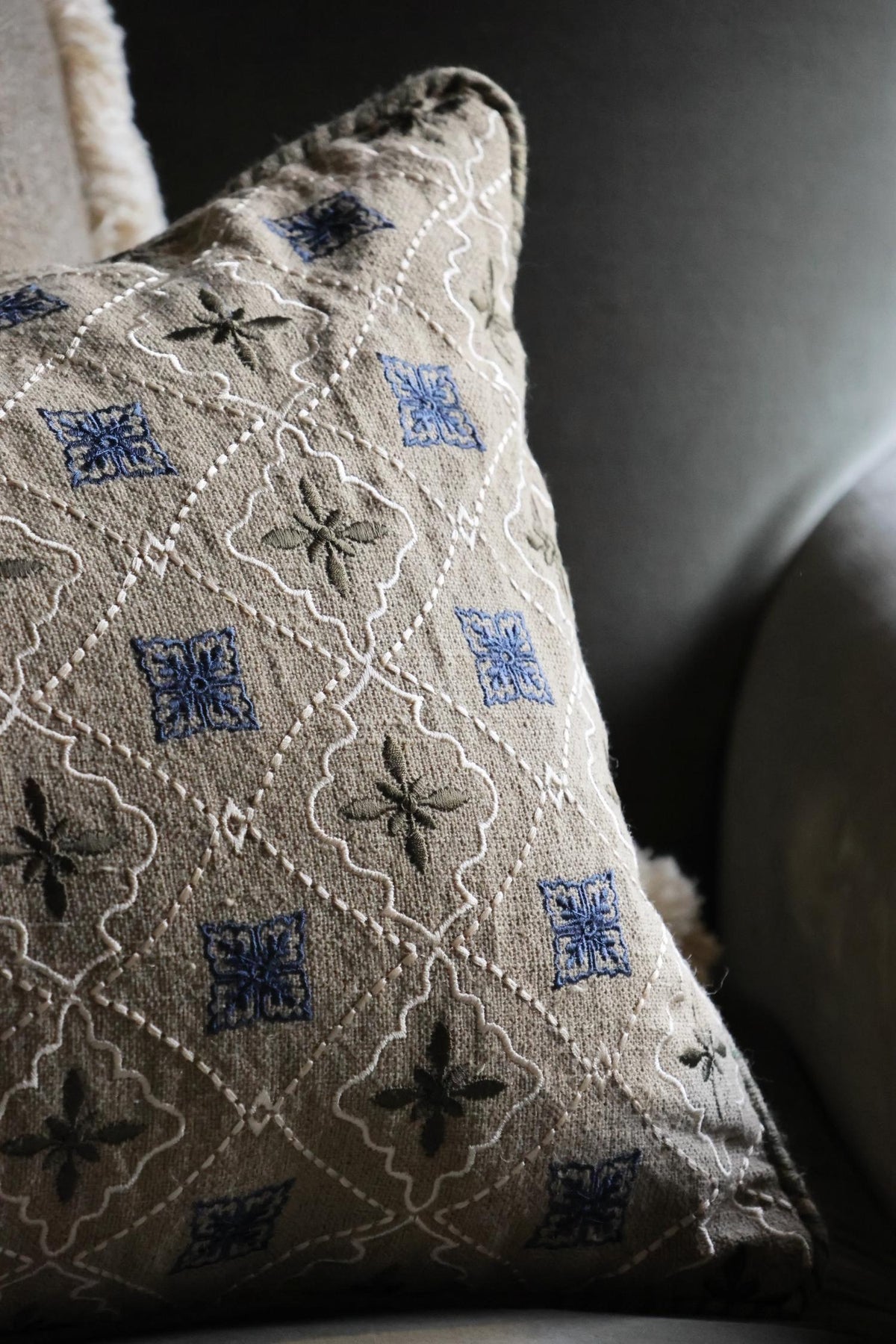 Decorative cushion with intricate patterns on a neutral background