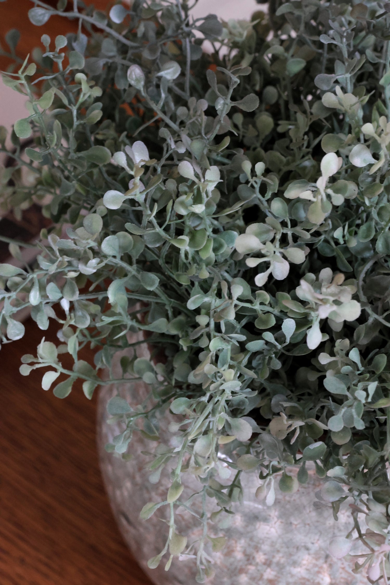 Close up of the texture and green grey colour of the faux eucalyptus bush stem