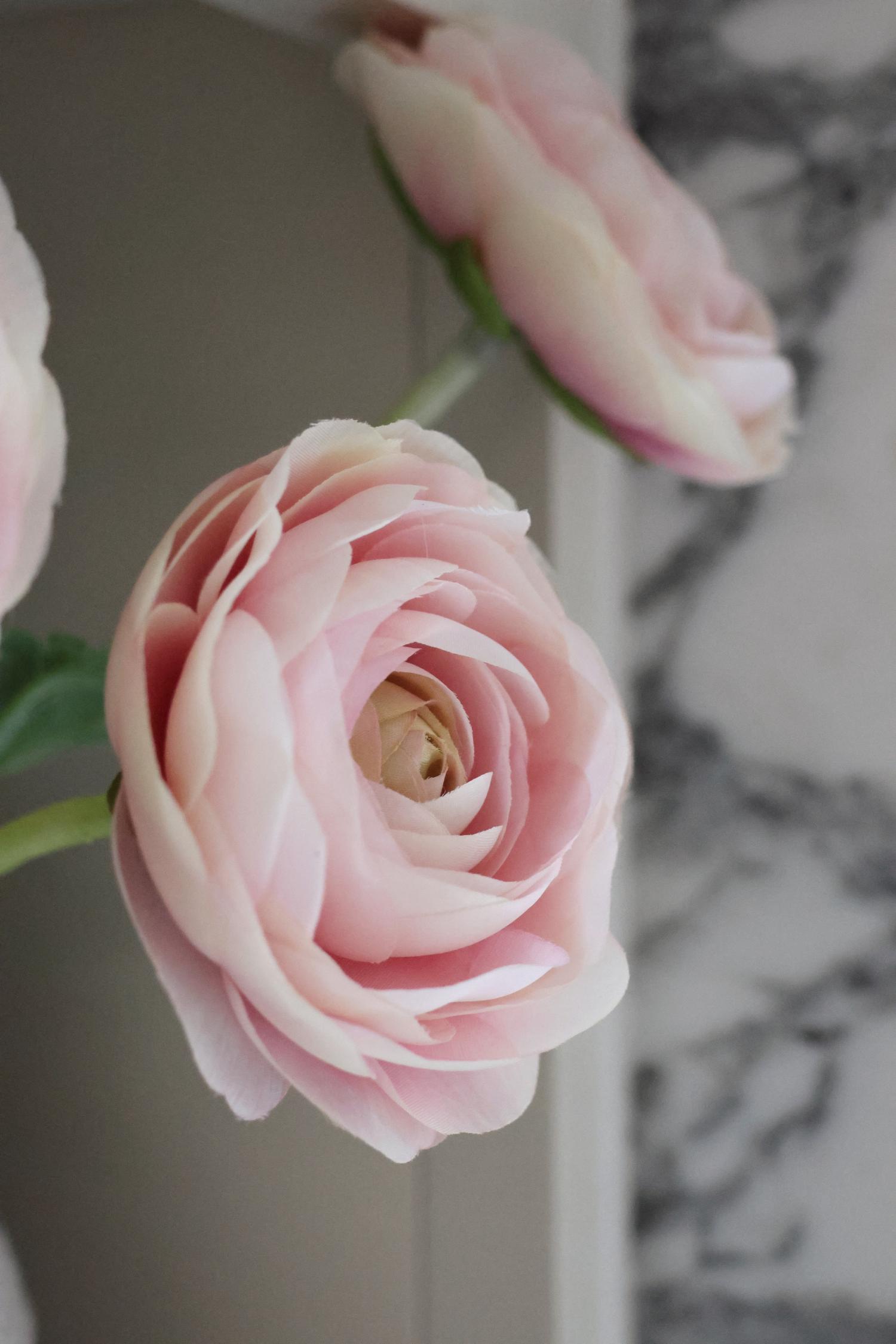 close up of faux pink ranunculus flower
