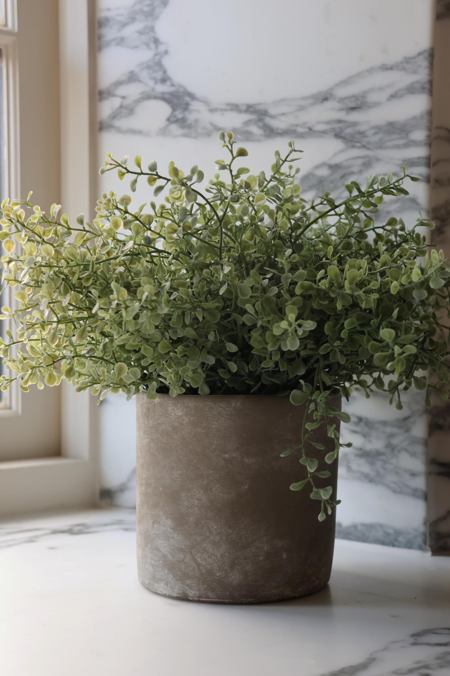 A faux potted Eucalyptus bush with green leaves, placed in a rustic grey stone pot.