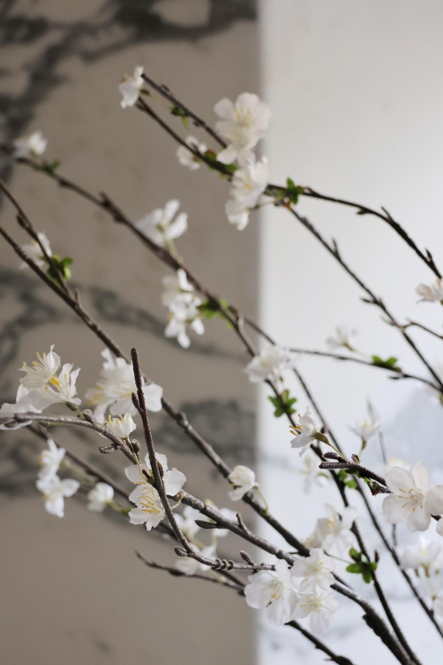 faux sakura blossom stem close up of white flowers on brown branch