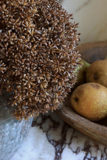 close up of faux dried brown stem with a wooden bowl of pears in the background 
