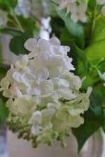 faux white lilac spray close up of white petals and green leaves 