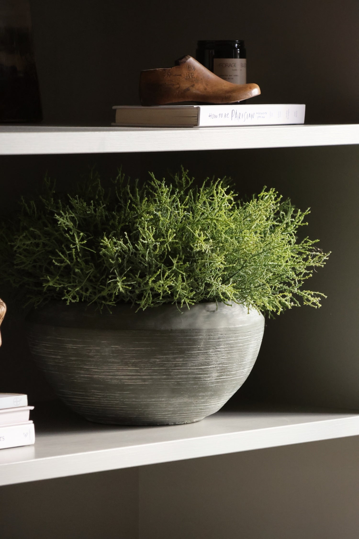 Gray vase with green faux spanish moss on a white shelf against a dark wall