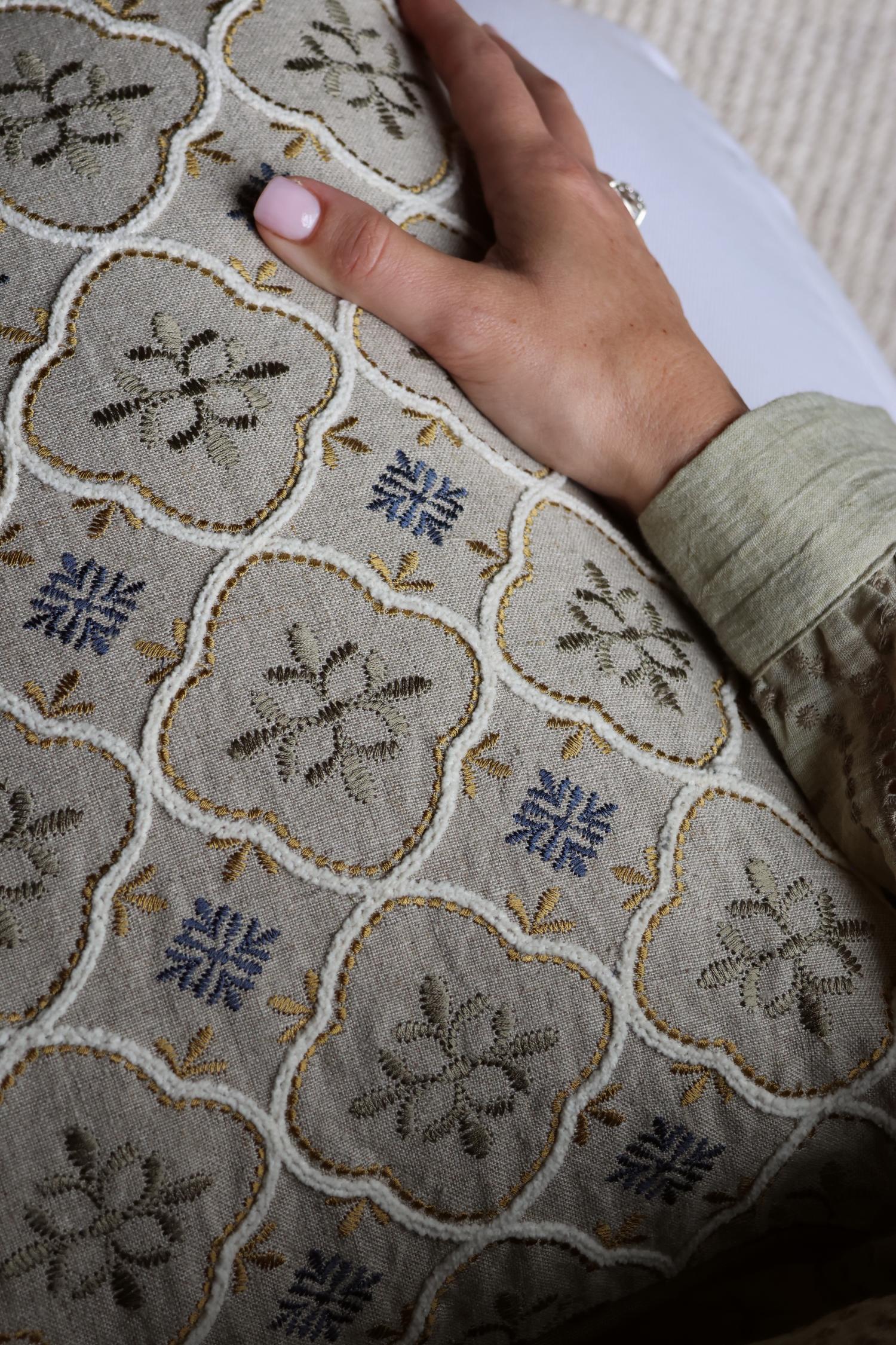 Hand touching an embroidered fabric with floral patterns