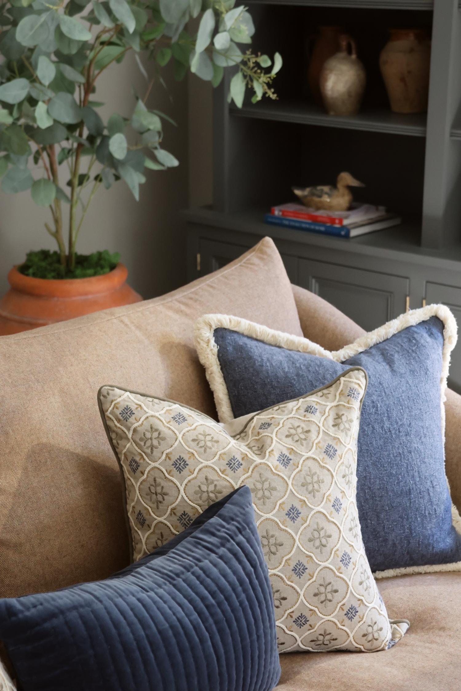 Decorative cushions on a sofa with a plant and bookshelf in the background