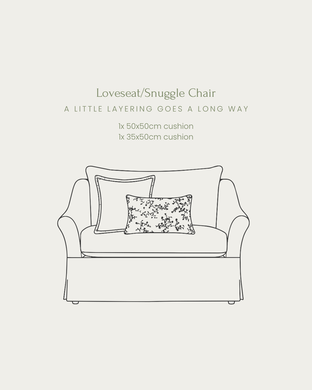 Line drawing of a loveseat with two cushions on a light gray background