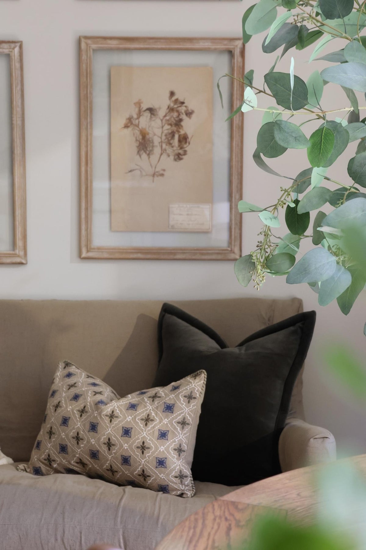 two decorative cushions on a green sofa with art and plant in background 