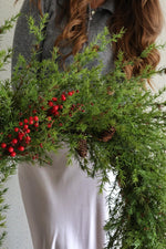 Person holding a faux christmas wreath with greenery, red berries, and pinecones.
