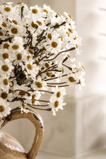 White daisy flowers with soft yellow centers in a heart-shaped vase on a blurred background